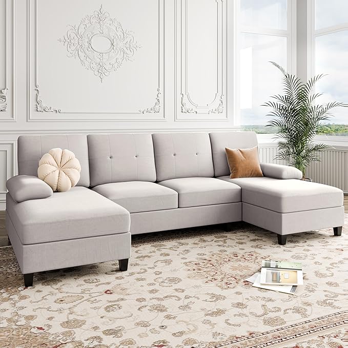 Shintenchi U-Shaped Sectional Couches for Living Room, 4 Seat Sofa with Double Chaise Lounges,Solid Wood Frame Sectional Sofa for Apartment,Creamy White