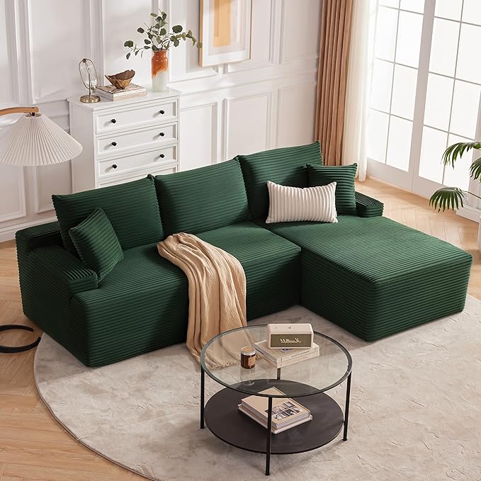 Cloud Sectional Sofa, Boneless Couch for Living Room, Modular Sectional Sofa with Deep Seat, Fluffy L-Shaped Comfy Couch with Right-Facing Chaise, No Assembly Required, Green