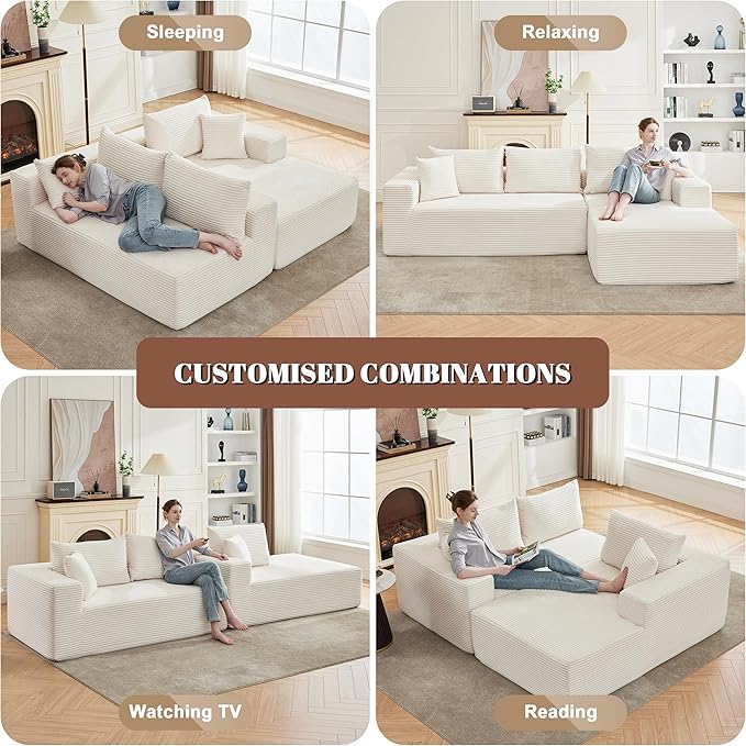 110” Cloud Sectional Couch, Boneless Sofa for Living Room, Modular Sectional Sofa with Deep Seat, Comfy Fluffy Couch with L-Shaped Chaise, No Assembly Required, Beige