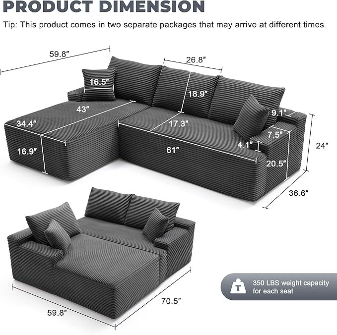 Cloud Sectional Couch, Boneless Sofa for Living Room, Fluffy Comfy Couch with Deep Seat, Modular Sectional Sofa with L-Shaped Chaise, No Assembly Required, Dark Grey