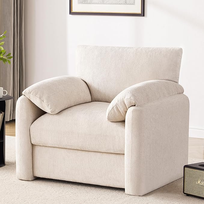 Chenille Oversized Armchair, 38.6" Wide Accent Chairs for Living Room & Bedroom Modern Lounge Chair, Upholstered Mid-Century Reading Chair, Comfy Living Room Chair, Single Sofa Chair, Beige
