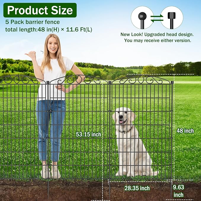 5 Panel No Dig Decorative Garden Fence with Gate - 48in H x 11.6 ft L, Tall Animal Barrier for Dogs Rabbits, Rustproof Metal Wire Panels for Yard, Patio, and Outdoor Border Use