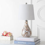 JONATHAN Y 20.5" Seashell Coastal Mini LED Table Lamp for Living Room Office, White Linen Drum Shade, Modern Mother of Pearl Bedside Nightstand Lamp, LED Bulb Included JYL1024A