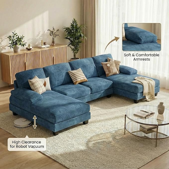 Homall Sectional U Shaped Sofa Couches for Living Room, Comfy Chenille 4 Seat Sofa Set with Removable Pillows, Lounge Chaise Upholstered Couch for for Apartment (Chenille, Light Blue)