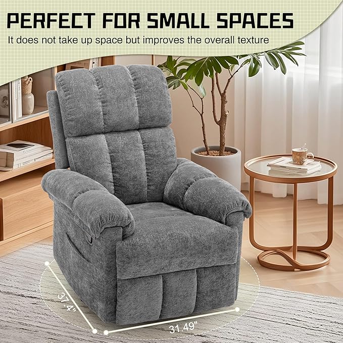 Recliner Chair, Swivel Rocker Recliner Chair for Adults, Small Recliners for Small Spaces, Manual Recliner with Side Pockets, Upholstered Nursery Rocking Chair for Living Room, Chenille, Grey