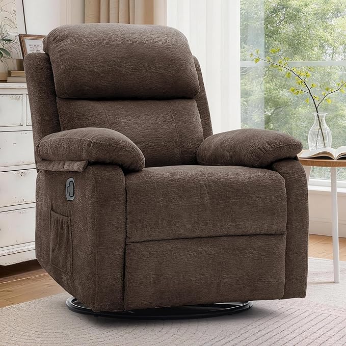 Recliner Chair, 360 Swivel Rocker Chair for Adults, Small Rocking Recliner Chair for Small Spaces, Upholstered Chenille Fabric Glider Recliner Nursery Chair with Side Pockets for Living Room