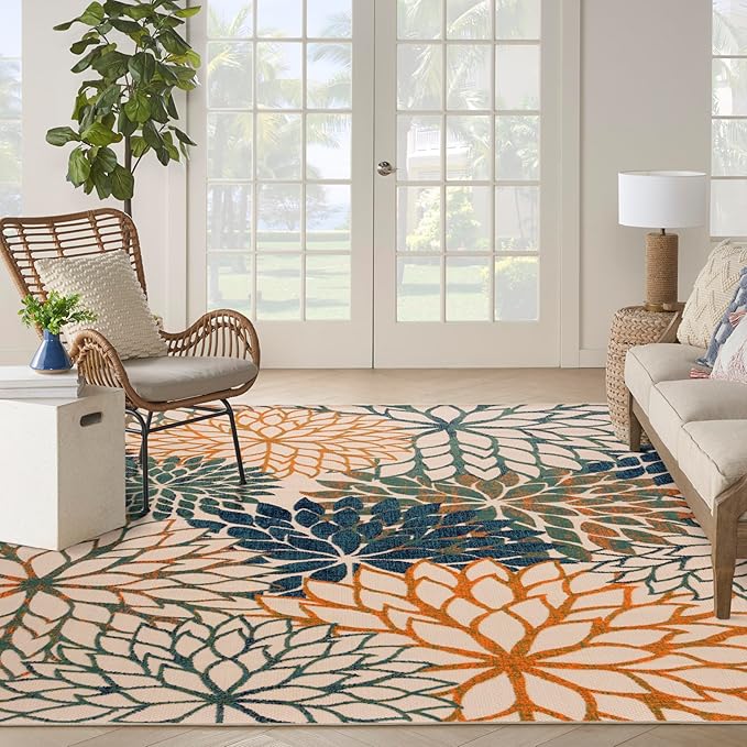 Nourison Home Aloha Indoor/Outdoor Blue Green 10' x 14' Area Rug, Easy Cleaning, Non Shedding, Bed Room, Living Room, Dining Room, Backyard, Deck, Patio (10x14)