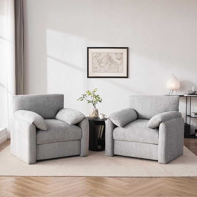Chenille Oversized Armchair, 38.6" Wide Accent Chairs for Living Room & Bedroom Modern Lounge Chair, Upholstered Mid-Century Reading Chair, Comfy Living Room Chair (LightGrey, 2Pack)