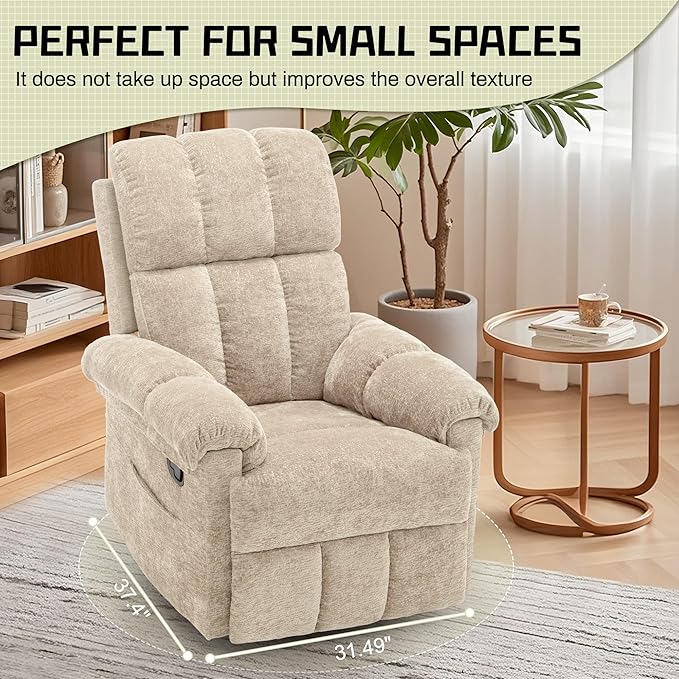 Recliner Chair, Swivel Rocker Recliner Chair for Adults, Small Recliners for Small Spaces, Manual Recliner with Side Pockets, Upholstered Nursery Rocking Chair for Living Room, Chenille, Khaki