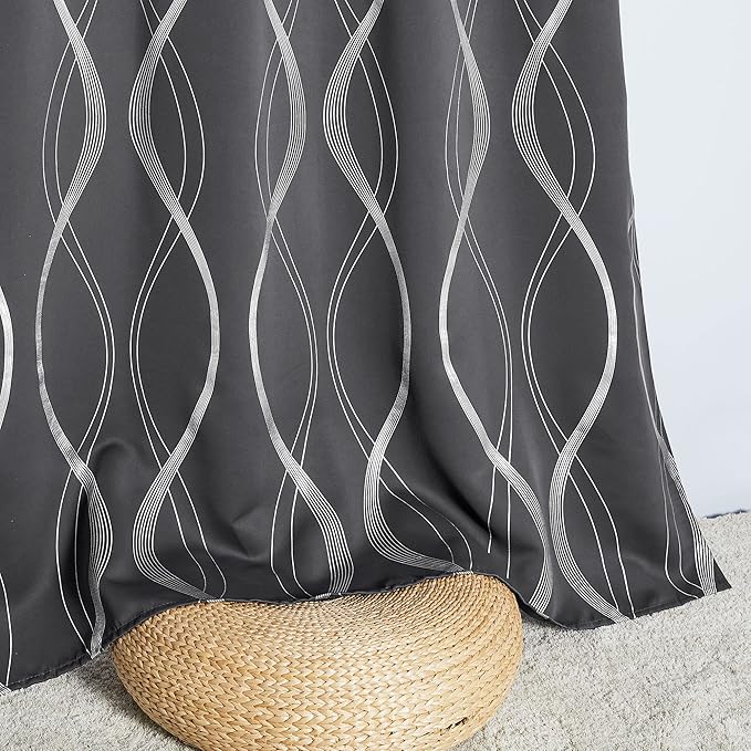 NICETOWN Bedroom Small Blackout Curtain Panels, Set of 2, 42 by 48 Inch,Grey, Window Treatment Thermal Insulated Solid Grommet Blackout Wave Line Foil Print Design Curtains for Kitchen, Cafe, Loft