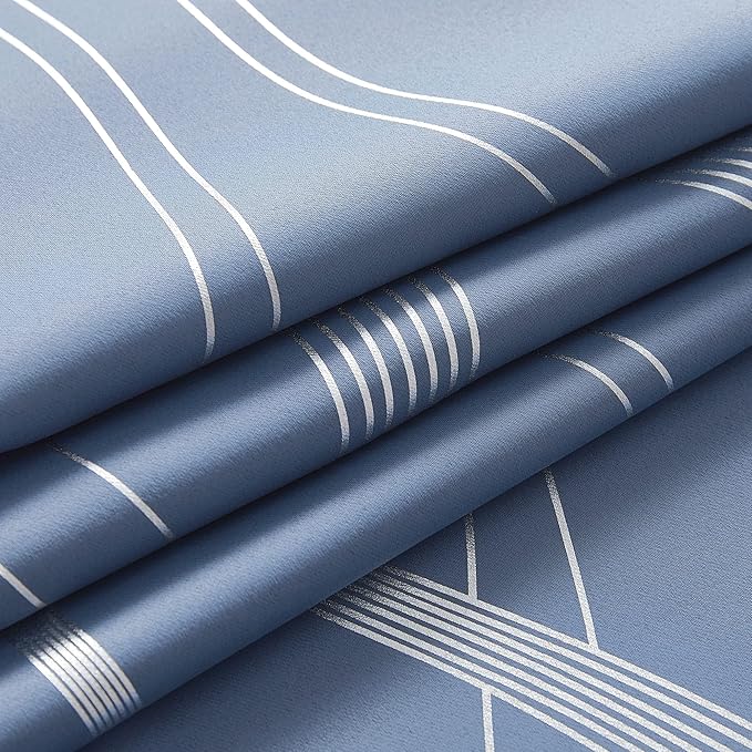NICETOWN Stone Blue Blackout Curtains 54 inch Long Small Panels, 42 Inch Wide, Window Treatment Thermal Insulated Wave Line Foil Print Design Drapes for Kitchen, Cafe, Loft, Set of 2