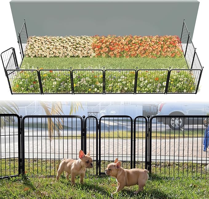 FXW Garden Fence Outdoor for The Yard – 24in(H) x 22.8ft(L) Heavy Duty Metal Animal Barrier for Dog and Rabbit, Decorative Dog Fence, 12 Panels, Black