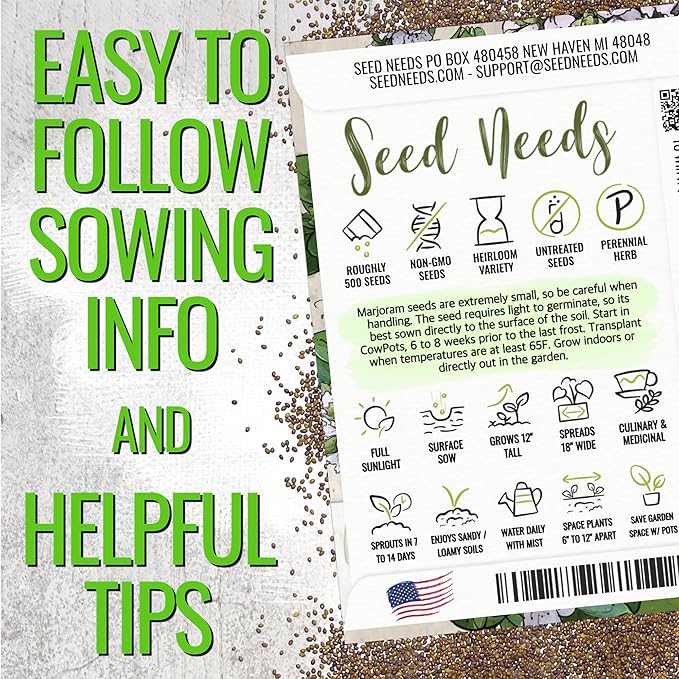 Seed Needs Sweet Marjoram & Thyme Seeds for Planting Fresh Kitchen Herbs - Non-GMO Heirloom & Untreated Perennial Herb Seed to Plant a Culinary Garden Indoors or Outdoors (2 Packs)