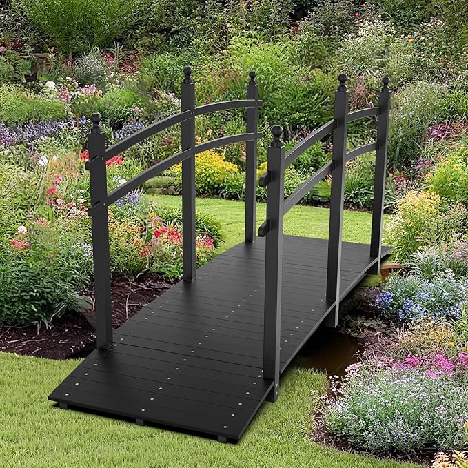 VINGLI Garden Bridge, Classic Wooden Bridge with Safety Rails, Decorative Arhced Footbridge for Patio Pond, Creek, Pathway (Black, 7.5 ft)