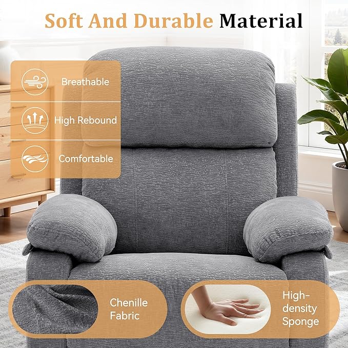 Recliner Chair, 360 Swivel Rocker Chair for Adults, Small Rocking Recliner Chair for Small Spaces, Upholstered Chenille Fabric Glider Recliner Nursery Chair with Side Pockets for Living Room