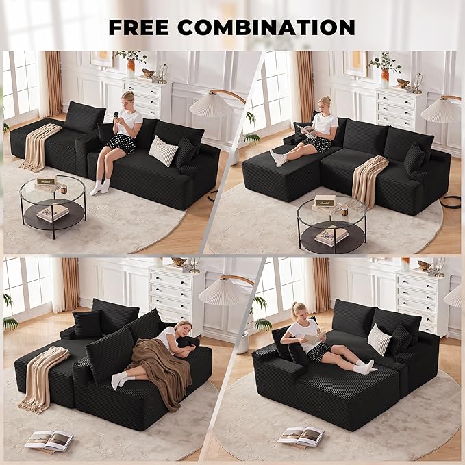 Cloud Sectional Sofa, Boneless Couch for Living Room, Modular Sectional Sofa with Deep Seat, Fluffy Comfy Couch with L-Shaped Chaise, No Assembly Required, Black