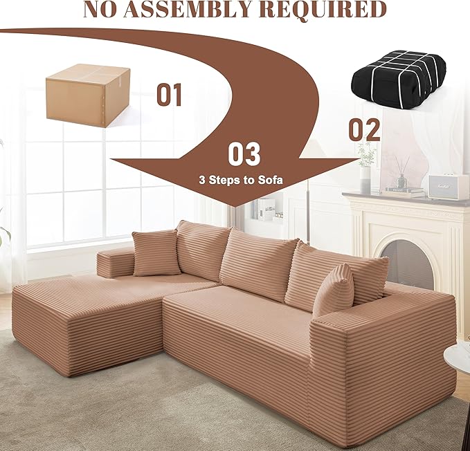110” Cloud Sectional Couch, Modular Sectional Sofa for Living Room, Boneless Sofa with Deep Seat, Comfy Fluffy Couch with L-Shaped Chaise, No Assembly Required (Left-Facing Chaise, Camel)