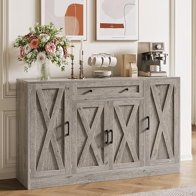 Buffet Cabinet with Storage, 55" Large Sideboard Storage Cabinet with Drawer, 4 Doors and Shelves, Modern Farmhouse Coffee Bar Table Kitchen Island Credenza for Kitchen, Entryway, Dining, Living Room