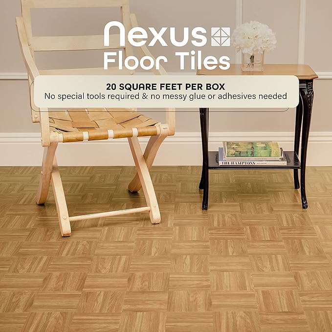Nexus Self Adhesive 12-Inch Vinyl Floor Tiles, 20 Tiles - 12" x 12", Oak Parquet Pattern - Peel & Stick, DIY Flooring for Kitchen, Dining Room, Bedrooms & Bathrooms by Achim Home Decor