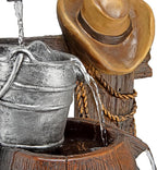 Alpine Corporation Outdoor Vintage Pump and Barrel with Cowboy Hat Fountain Yard Art Decor, 26" Tall, Brown