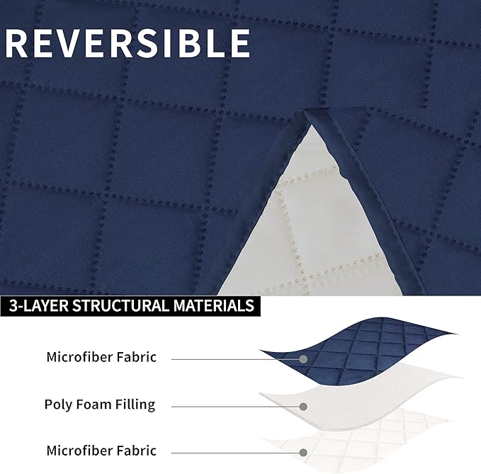 Easy-Going Loveseat Recliner Cover with Console, Reversible Couch Cover for Living Room, Split Sofa Cover for Each Seat with Elastic Straps for Kids, Dogs, Pets(2 Seater, Navy/Ivory)