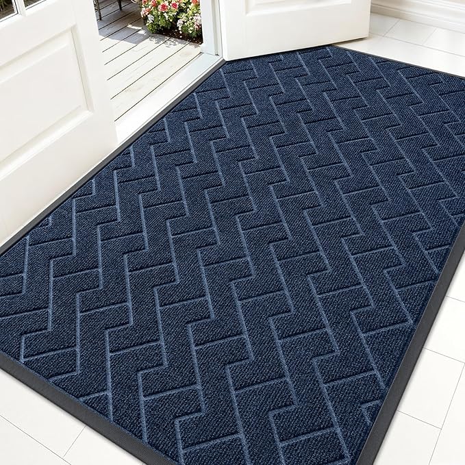 OLANLY Front Door Mat Indoor Outdoor Entrance, Waterproof All-Season, All-Weather Doormat, Sturdy Natural Rubber, Low Profile, Easy Clean Patio Porch Entryway Mat, Herringbone Brick (Blue, 71x47)