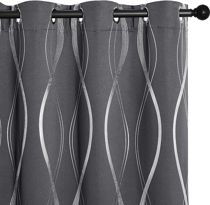 NICETOWN Bedroom Small Blackout Curtain Panels, Set of 2, 42 by 48 Inch,Grey, Window Treatment Thermal Insulated Solid Grommet Blackout Wave Line Foil Print Design Curtains for Kitchen, Cafe, Loft