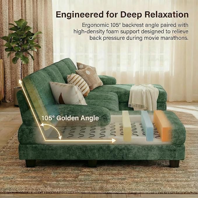 Homall Sectional U Shaped Sofa Couches for Living Room, Comfy Chenille 4 Seat Sofa Set with Removable Pillows, Lounge Chaise Upholstered Couch for for Apartment (Chenille, Green)