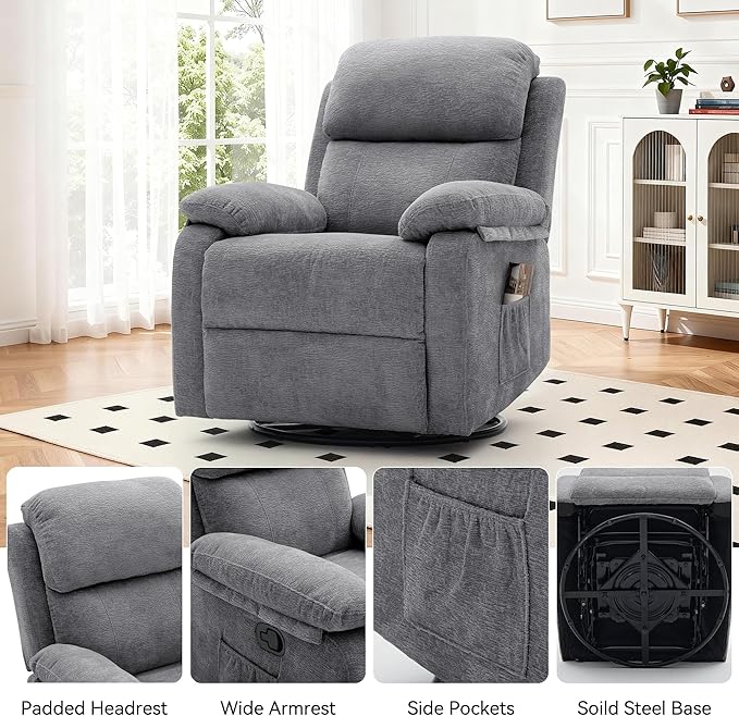 Recliner Chair, 360 Swivel Rocker Chair for Adults, Small Rocking Recliner Chair for Small Spaces, Upholstered Chenille Fabric Glider Recliner Nursery Chair with Side Pockets for Living Room