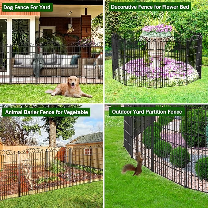 12 Panel No Dig Decorative Garden Fence - 42in H x 26.5 ft L, Tall Animal Barrier for Dogs Rabbits, Rustproof Metal Wire Panels for Yard, Patio, and Outdoor Border Use
