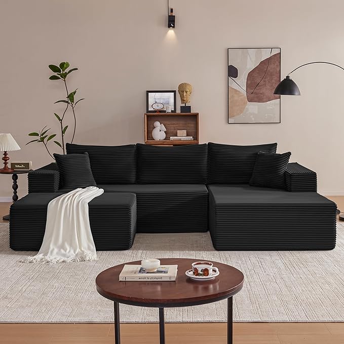 110” Cloud Sectional Couch, Boneless Sofa for Living Room, Modular Sectional Sofa with Deep Seat, Comfy Fluffy U-Shaped Couch with Right-Facing Chaise, No Assembly Required, Black