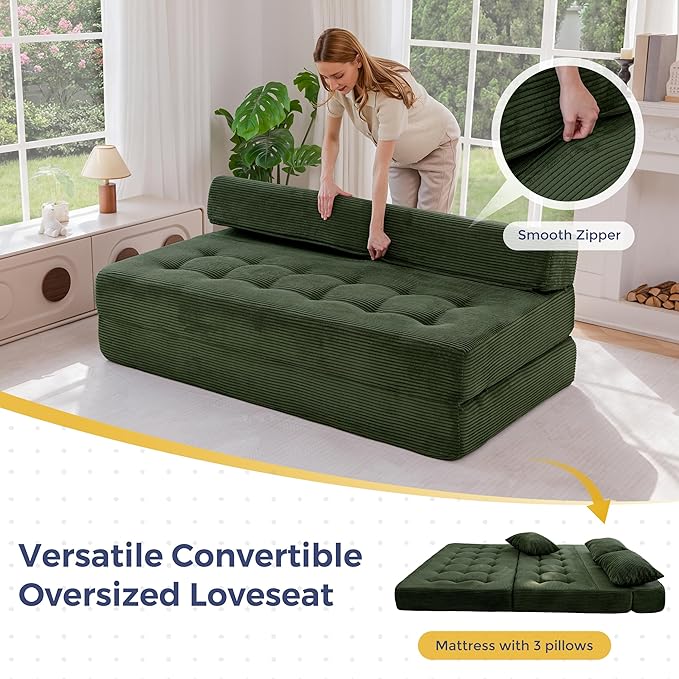 MAXYOYO Folding Sofa Couch, Convertible Floor Sleeper Couch with 2 Pillows, Tufted Floor Oversized Loveseat Couch Tufted Fold Out Chair Bed Comfy Sofa Lounge for Living Room Bedroom, Dark Green