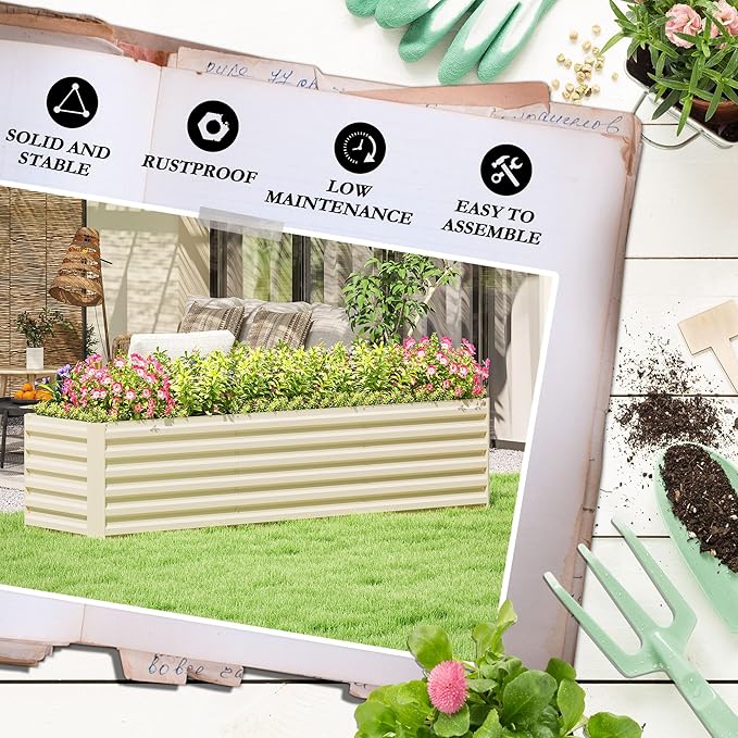 Outsunny 8 x 2 x 2ft Galvanized Raised Garden Bed Kit, Outdoor Metal Elevated Planter Box with Safety Edging, Large Raised Bed for Growing Flowers, Herbs and Vegetables, Cream White