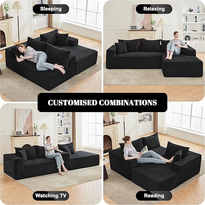 110” Cloud Sectional Couch, Boneless Sofa for Living Room, Modular Sectional Sofa with Deep Seat, Comfy Fluffy Couch with L-Shaped Chaise, No Assembly Required (Right-Facing Chaise, Black)