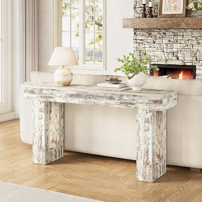 Little Tree 63-Inch Long Console Tables for Entryway, Large Sofa Table Behind Couch, Wooden Entry Foyer Hallway Table, Modern Console Sofa Tables for Living Room, Distressed White