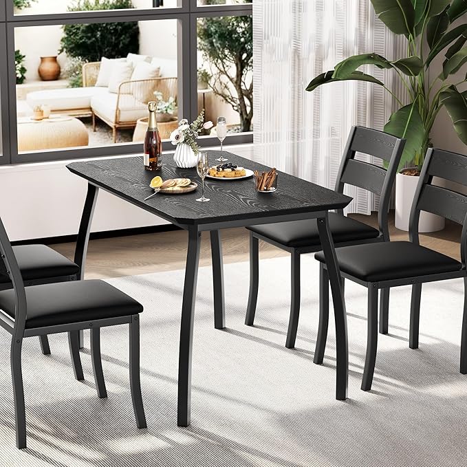 IDEALHOUSE Dining Table Set for 4 Modern Kitchen Table and Chairs Set with Chamfered Edges Cushioned Seats Space-Saving Metal Frame Compact Breakfast Nook (Soft Seat Black Tube + Black)