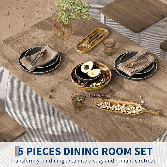 IDEALHOUSE Dining Table Set for 4 Modern Kitchen Table and Chairs Set with Chamfered Edges Cushioned Seats Space-Saving Metal Frame for Dining Room Apartment Small Spaces, White & Wood Grain Color
