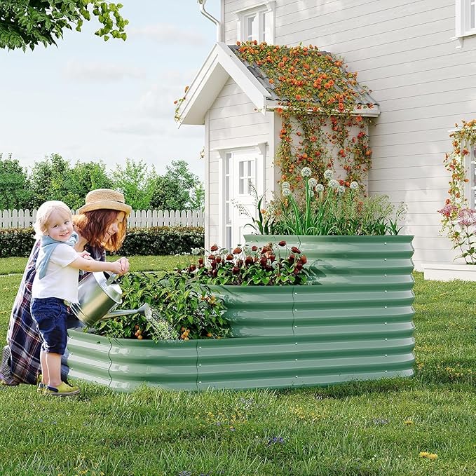 IDEALHOUSE Triple-Layer Galvanized Raised Garden Bed, 61x42x31 Inch Outdoor Modular Planter Box for Vegetables, Herbs & Flowers, 3-in-1 Open-Base Design for Deep Root Growth, Green