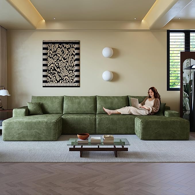 136" Sectional Couches for Living Room Cloud Couch Sofa with L-Shape Upholstered Boneless Couchs Modern Modular Sectional Couch with Chaise (Green, 136" Left Facing Chaise+3Seaters+Ottoman)