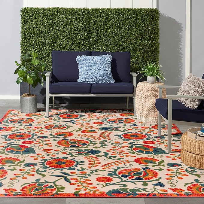 Nourison Home Aloha Red Multicolor 9' x 12' Area Rug - Easy Clean, Non Shedding, Bed Room, Living Room, Dining Room, Kitchen (9' x 12')