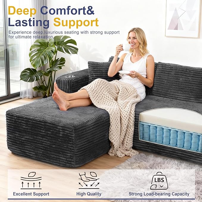 Shintenchi Boneless Couches for Living Room,Modular Sectional Sofa with 2 Cup Holders,Memory Foam Cloud Couch with L Shaped Oversized Chaise,No Assembly Needed Plush Corduroy Sofa,Dark Gray