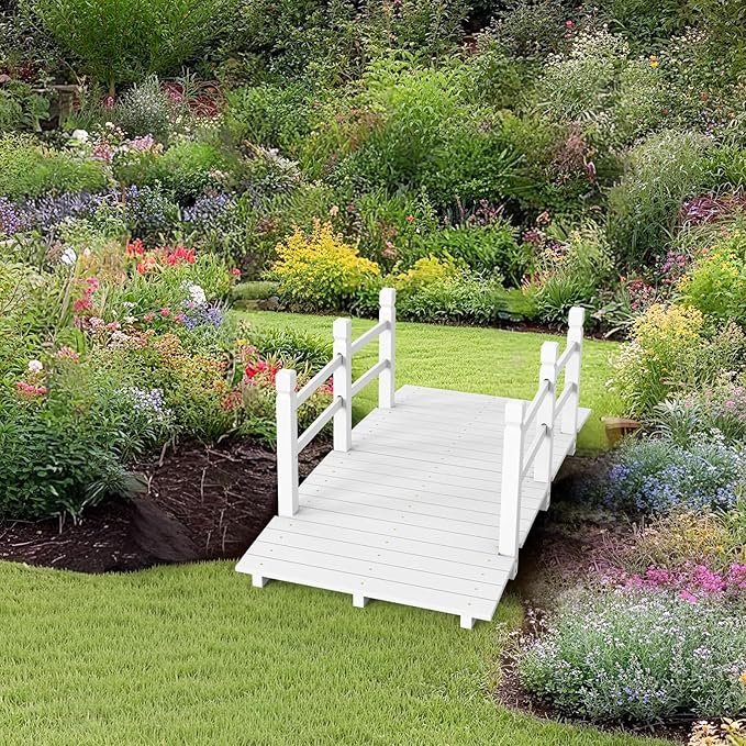 VINGLI Garden Bridge, Classic Wooden Bridge with Safety Rails, Decorative Arched Footbridge (White, 5 ft)