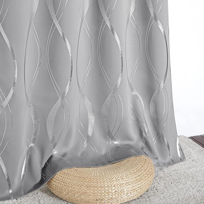 NICETOWN Blackout Curtains 63 inch Length 2 Panels, Silver Grey Window Treatment Thermal Insulated Soundproof Grommet Wave Line Foil Print Design Draperies for Living Room (52 inches Wide)