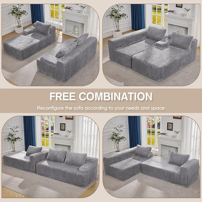 Modular Sectional Sofa Couches L-Shape Couch 3 Seat Modular Sofa Memory Foam Sectional Couches for Living Room, Cloud Couch with Oversized Chaise (Light Grey Stripe, 108" Left Facing Chaise)