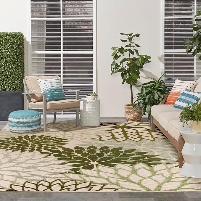 Nourison Home Aloha Indoor/Outdoor Ivory Green 12' x 15' Area Rug, Easy Cleaning, Non-Shedding, Bed Room, Living Room, Dining Room, Backyard, Patio, Deck (12x15)