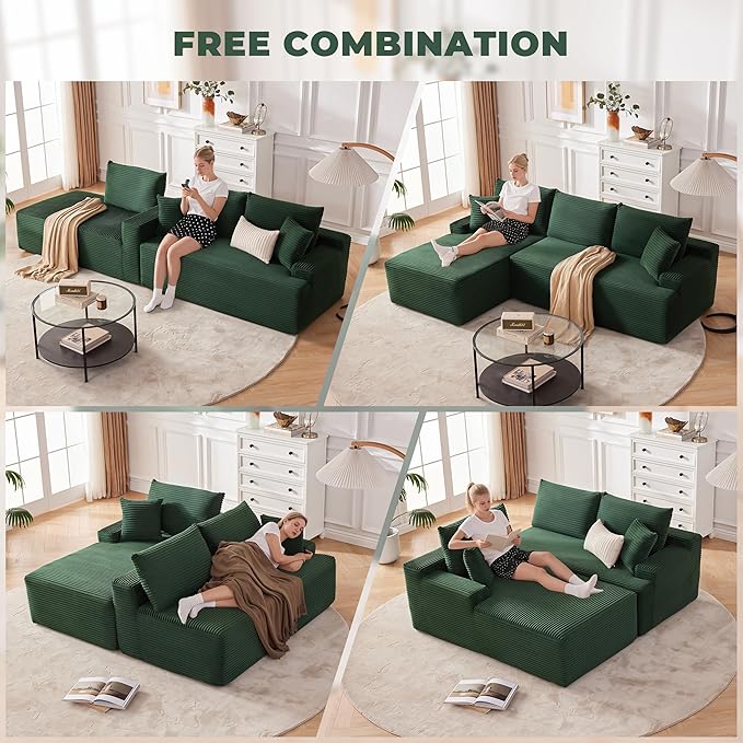 Cloud Sectional Couch, Modular Sectional Sofa for Living Room, Fluffy Comfy Couch with L-Shaped Chaise, Boneless Sofa with Deep Seat, No Assembly Required, Green