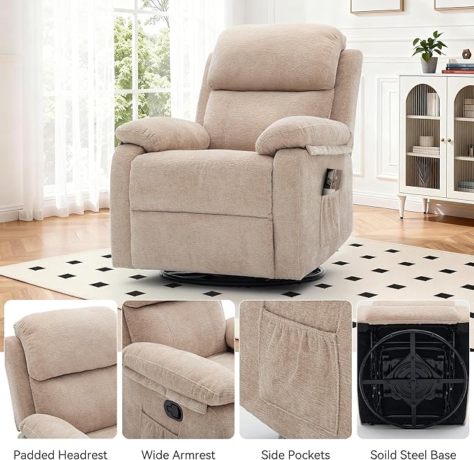 Recliner Chair, 360 Swivel Rocker Chair for Adults, Small Rocking Recliner Chair for Small Spaces, Upholstered Chenille Fabric Glider Recliner Nursery Chair with Side Pockets for Living Room