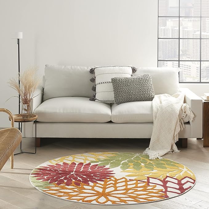 Nourison Home Aloha Indoor/Outdoor Red Multi Colored 4' x Round Area Rug, Tropical, Botanical, Easy Cleaning, Non Shedding, Bed Room, Living Room, Dining Room, Deck, Backyard, Patio (4 Round)