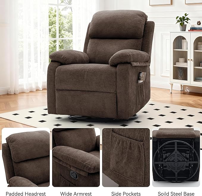 Recliner Chair, 360 Swivel Rocker Chair for Adults, Small Rocking Recliner Chair for Small Spaces, Upholstered Chenille Fabric Glider Recliner Nursery Chair with Side Pockets for Living Room