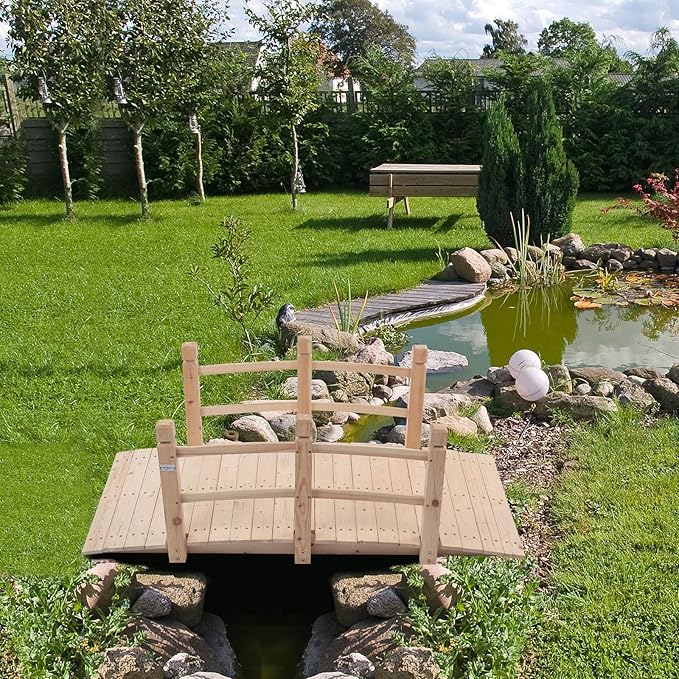 VINGLI 5 ft Garden Bridge, Classic Wooden Arch with Safety Rails Natural Finished Footbridge, Decorative Pond Landscaping, Backyard Creek or Farm